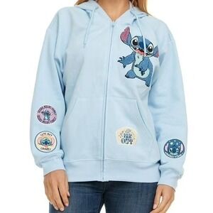 Disney Lilo & Stitch Embroidered Patches Light Blue Hoodie Full Zip Size‎ Small